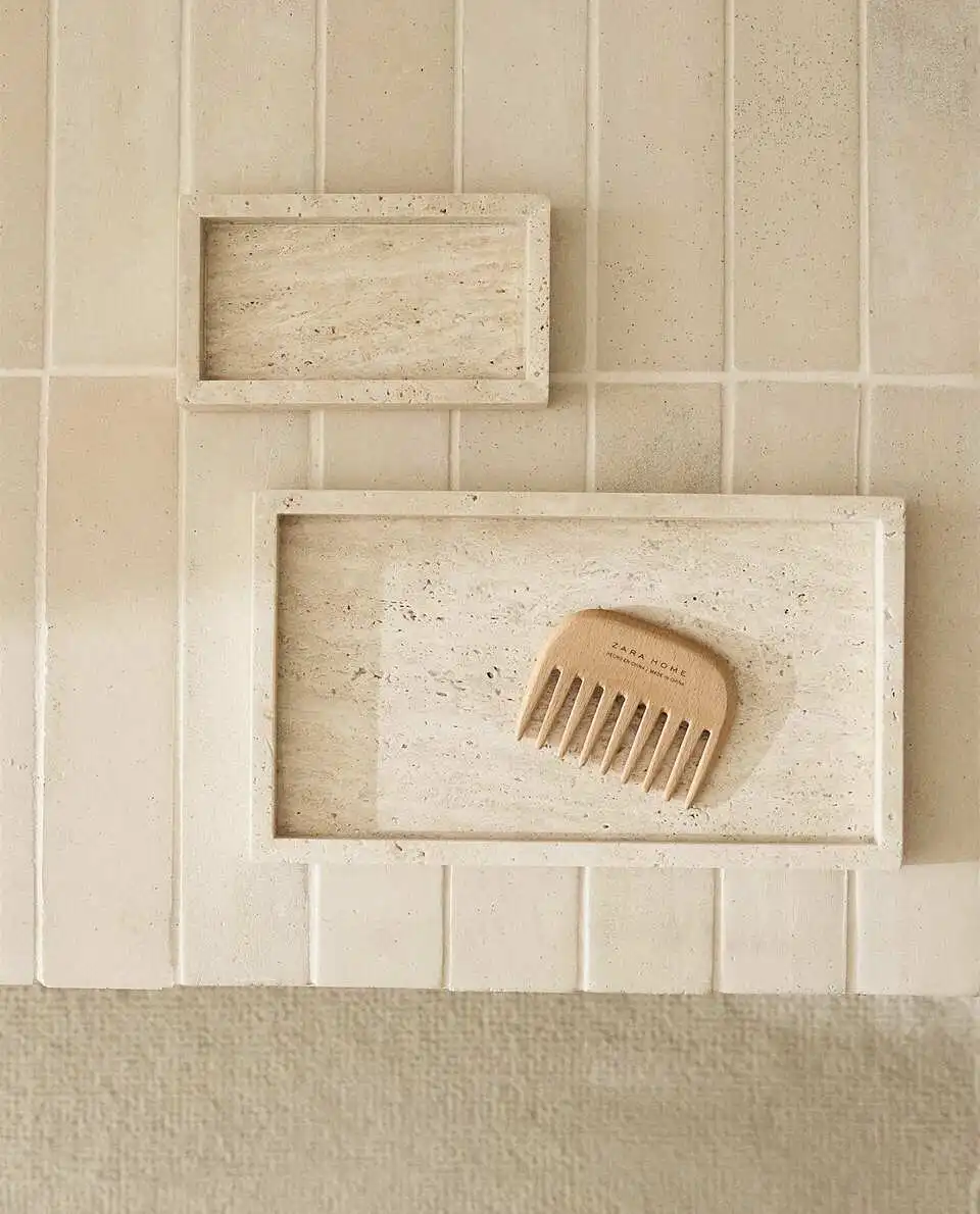 Travertine Tray Oval - Wabi-sabi tarzı sarı traverten tepsi, dikdörtgen