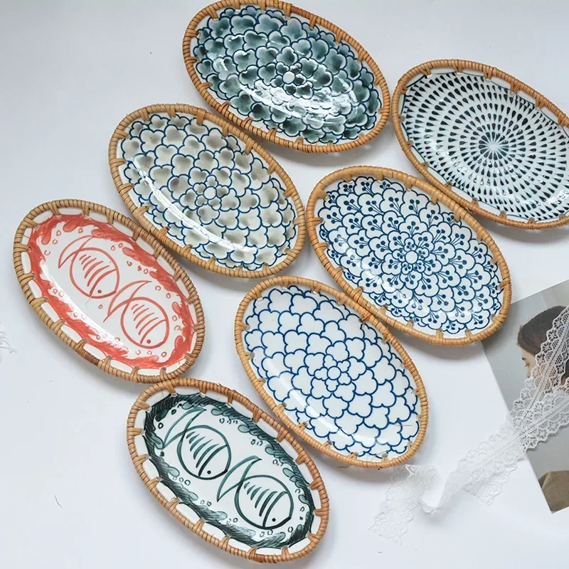Travertine Tray Oval - Japon Rattan Dokuma Seramik Meyve Tabağı,